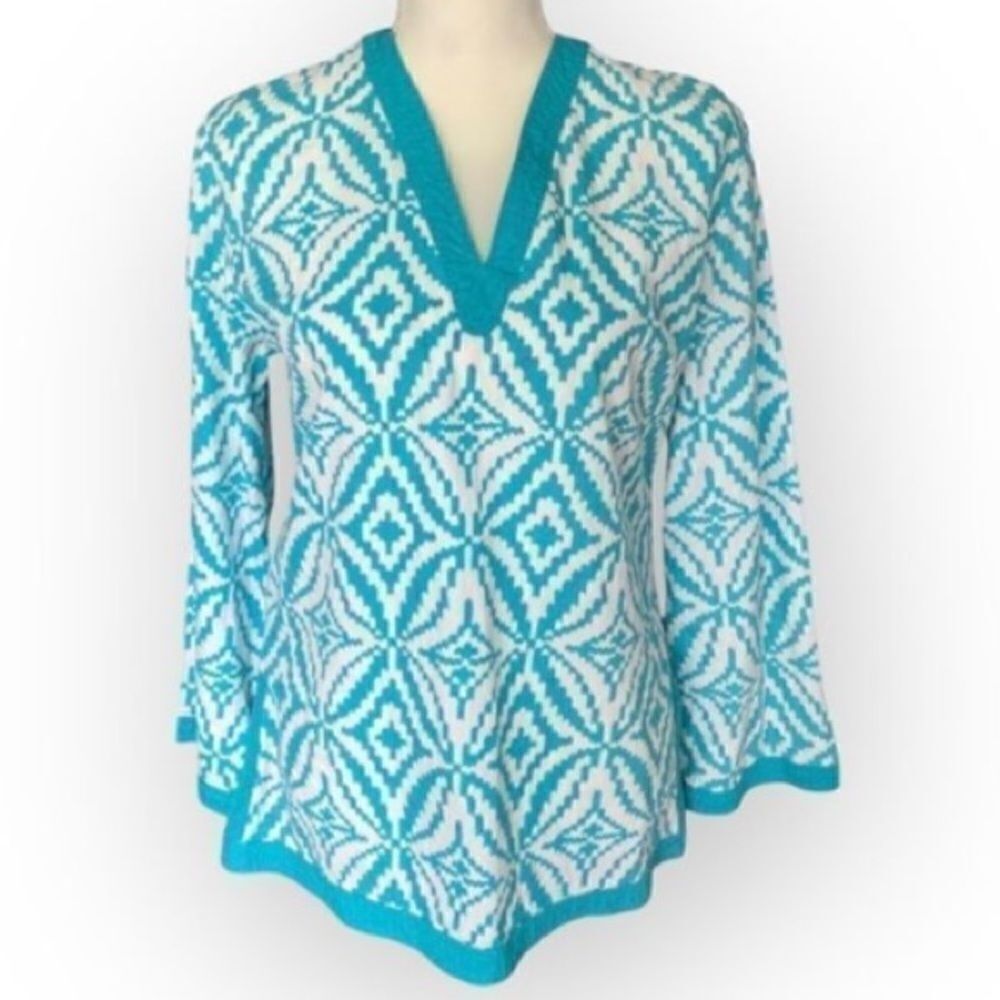 Tracy Negoshian Teal Long Sleeve V-Neck Cotton Tunic